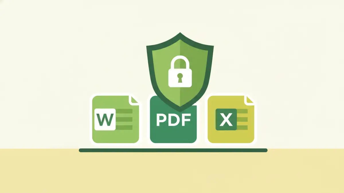 AES document encryption - Illustration of Word, PDF, and Excel documents being protected by a security shield.