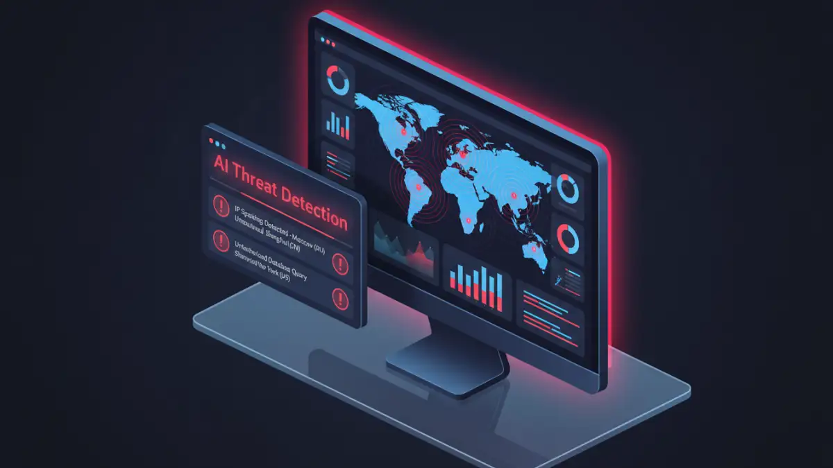 AI document security - A mock security dashboard showing AI threat detection flagging anomalies in real-time.