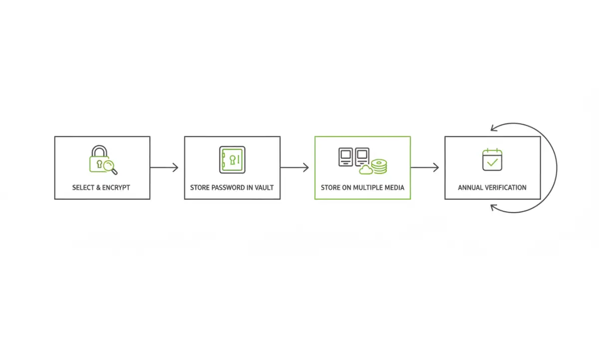 archiving password protected files - Infographic flowchart of the secure document archiving process.