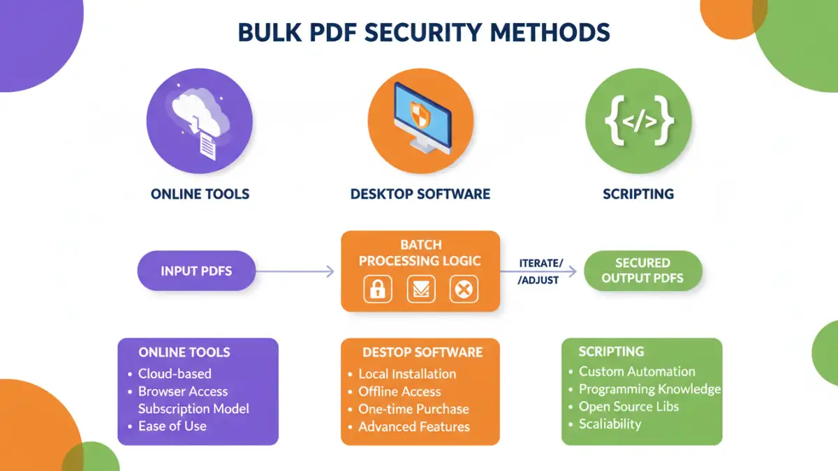 automate pdf security - Infographic comparing online tools, desktop software, and scripting for bulk PDF security