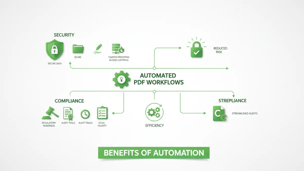 automated pdf workflow compliance - Benefits of automated PDF workflows for compliance and security infographic