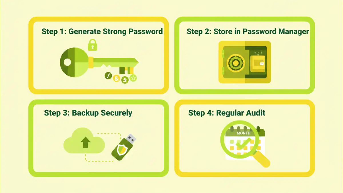 avoid losing password avoid losing password - Infographic detailing four steps for secure TAR file password management