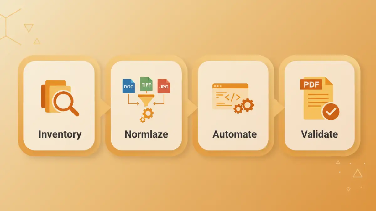 batch convert document archives batch convert document archives - An infographic detailing the four key stages of large scale file conversion projects.