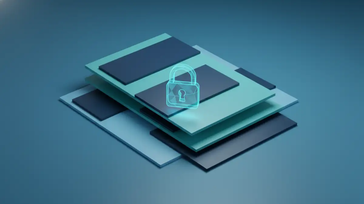 Abstract illustration of batch document redaction security using layered documents and lock icons