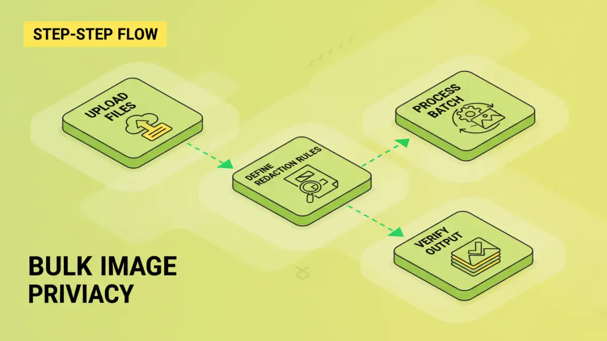 batch document redaction security - Infographic detailing the steps for achieving bulk image privacy through batch processing