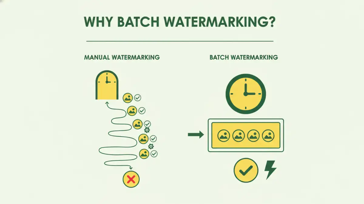 batch image file security batch image file security - Infographic comparing manual vs. batch watermarking for time efficiency