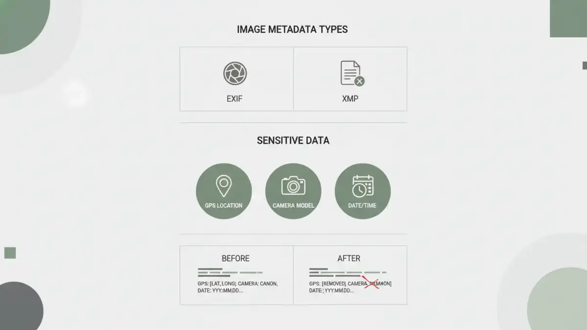 batch metadata security batch metadata security - Infographic explaining EXIF and XMP metadata in images and sensitive data types