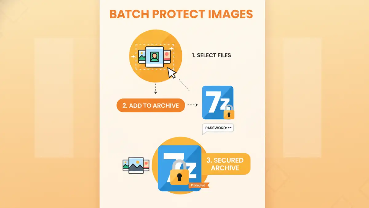 Infographic demonstrating how to batch password protect images using archiving software