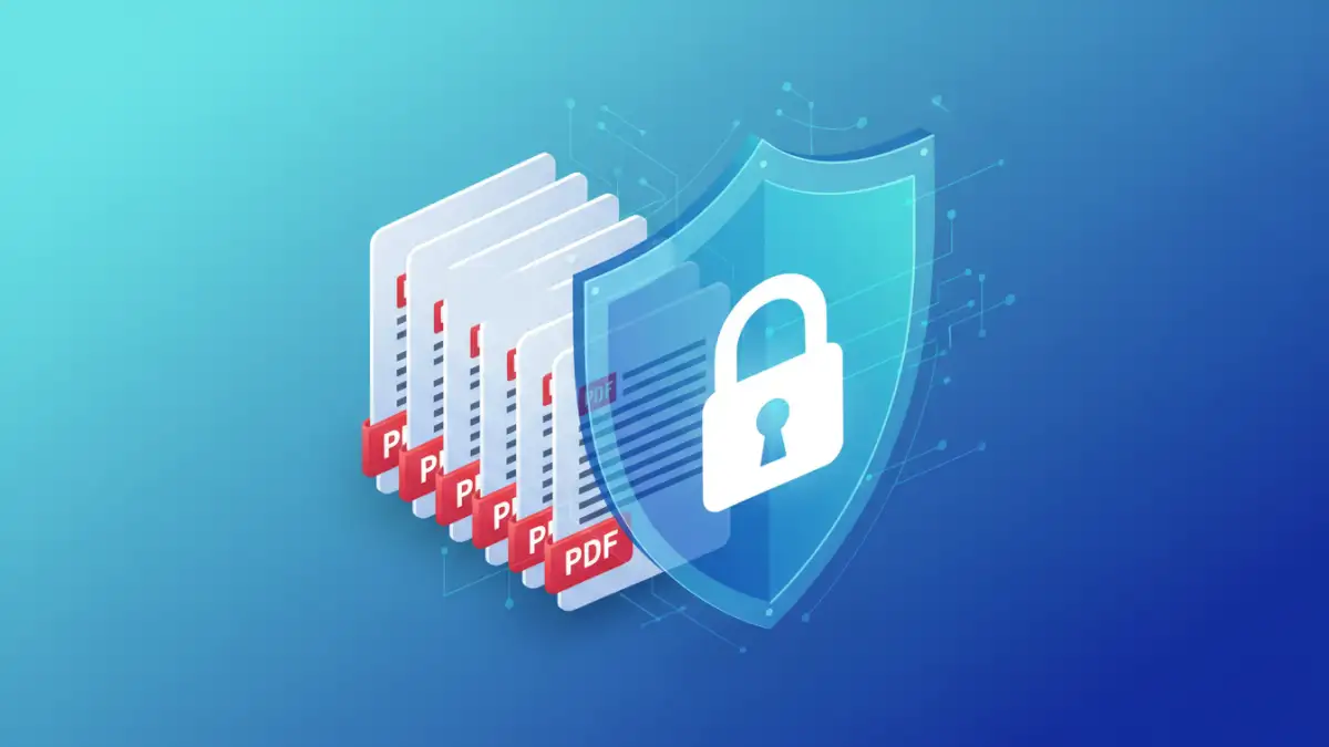 batch pdf password protection - Illustration of a stack of PDFs being secured with a digital shield and lock for batch password protection.