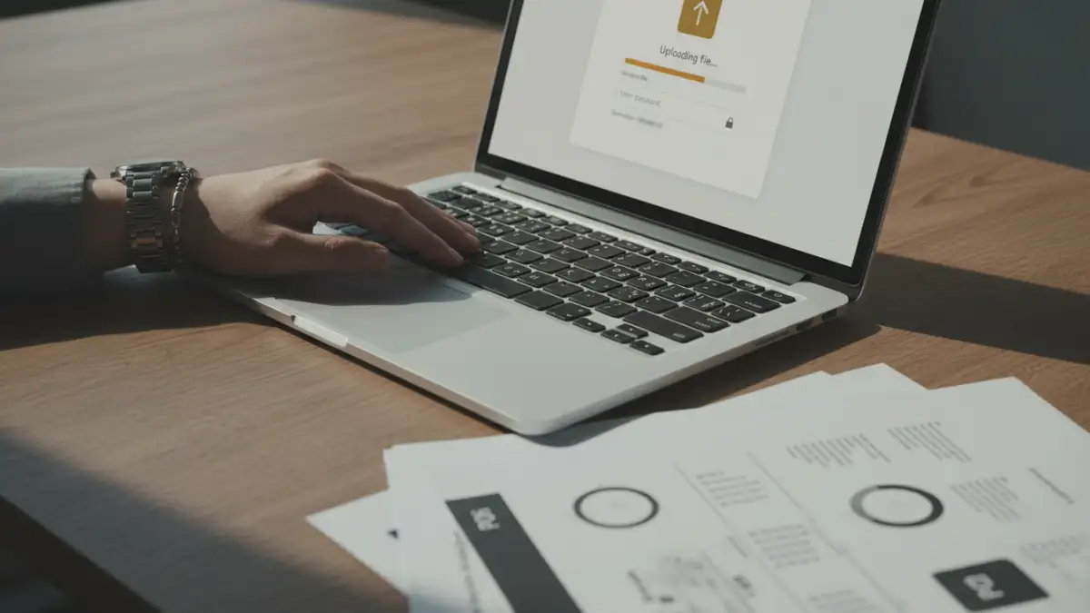 Hand using a laptop with an online tool for batch PDF password protection.