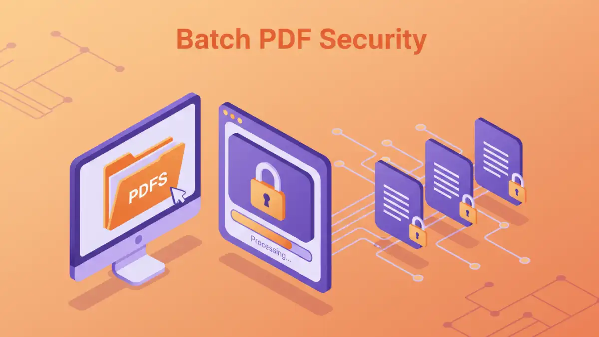 Isometric infographic showing the step-by-step process of batch PDF password protection using software.