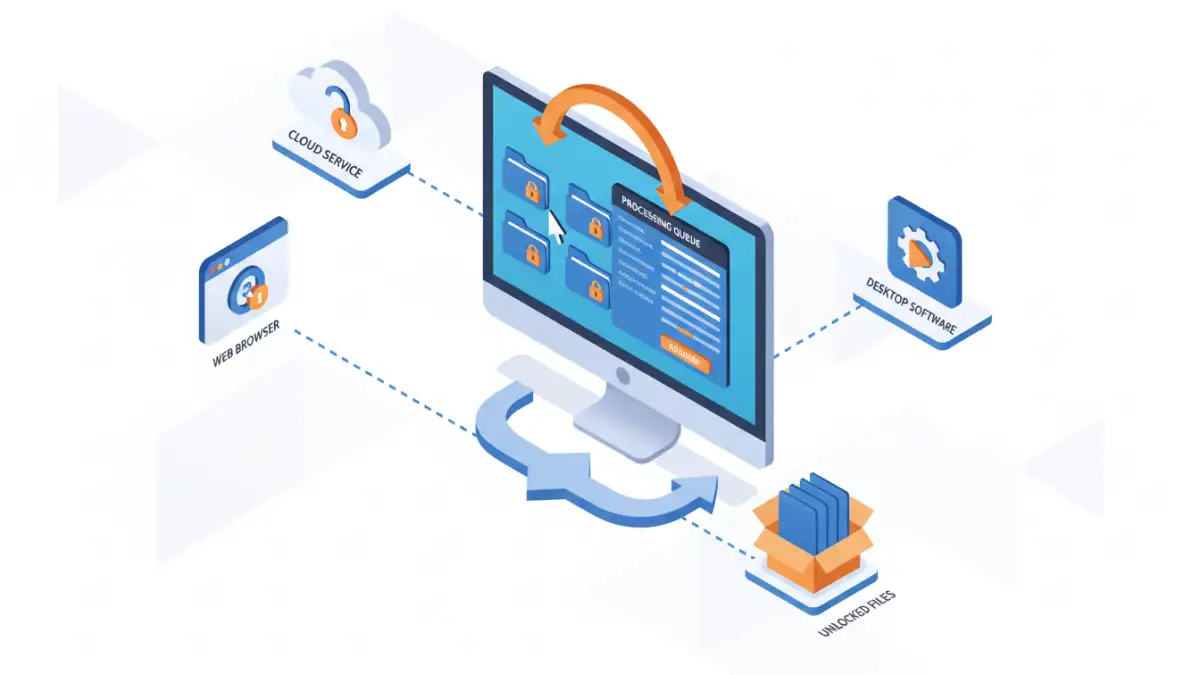 Isometric infographic detailing the steps and methods for batch PDF password removal