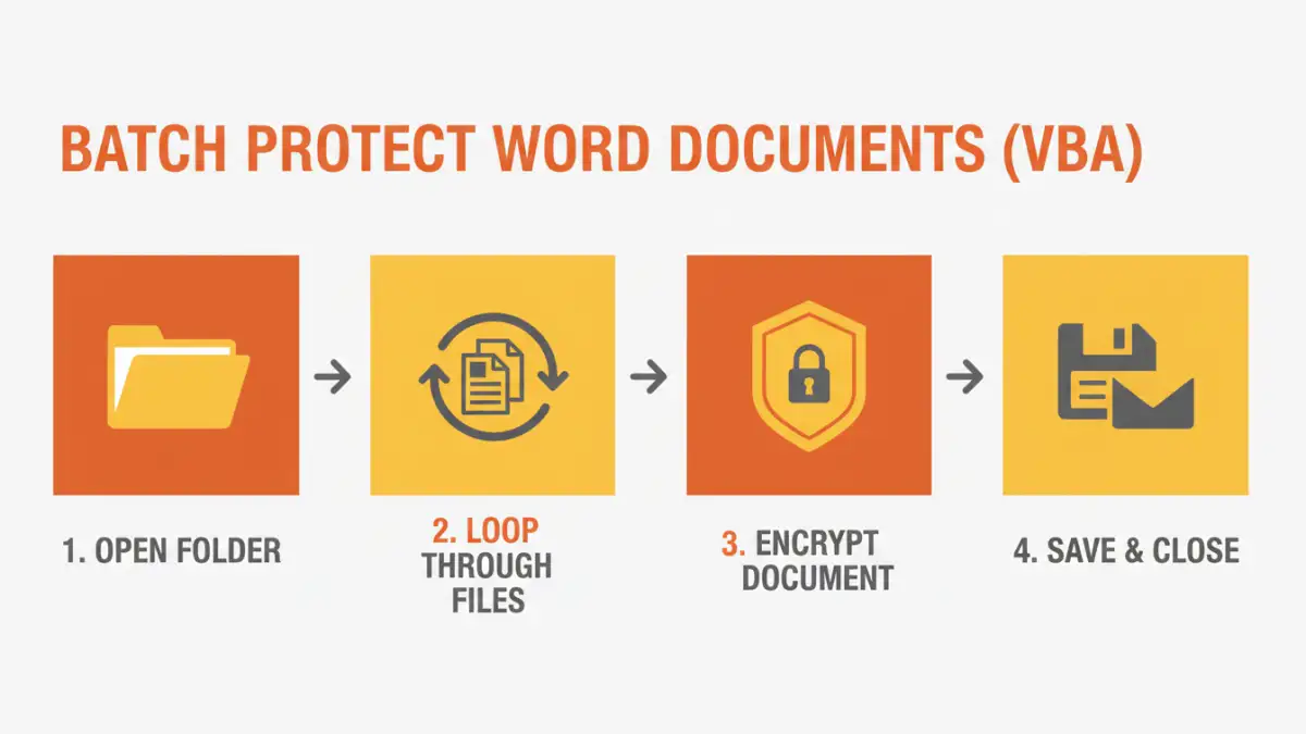 batch protect documents - Step-by-step infographic for batch protecting Word documents with VBA