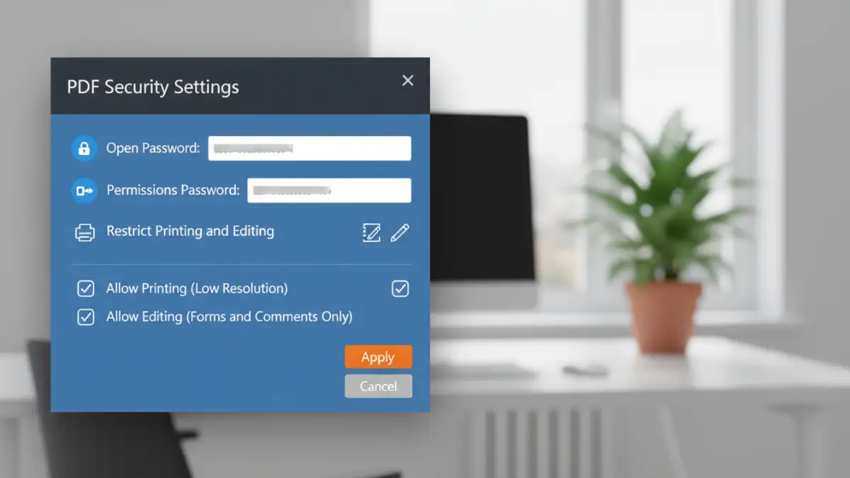 best pdf encryption software - A settings dialog from a document encryption tool showing PDF security options.