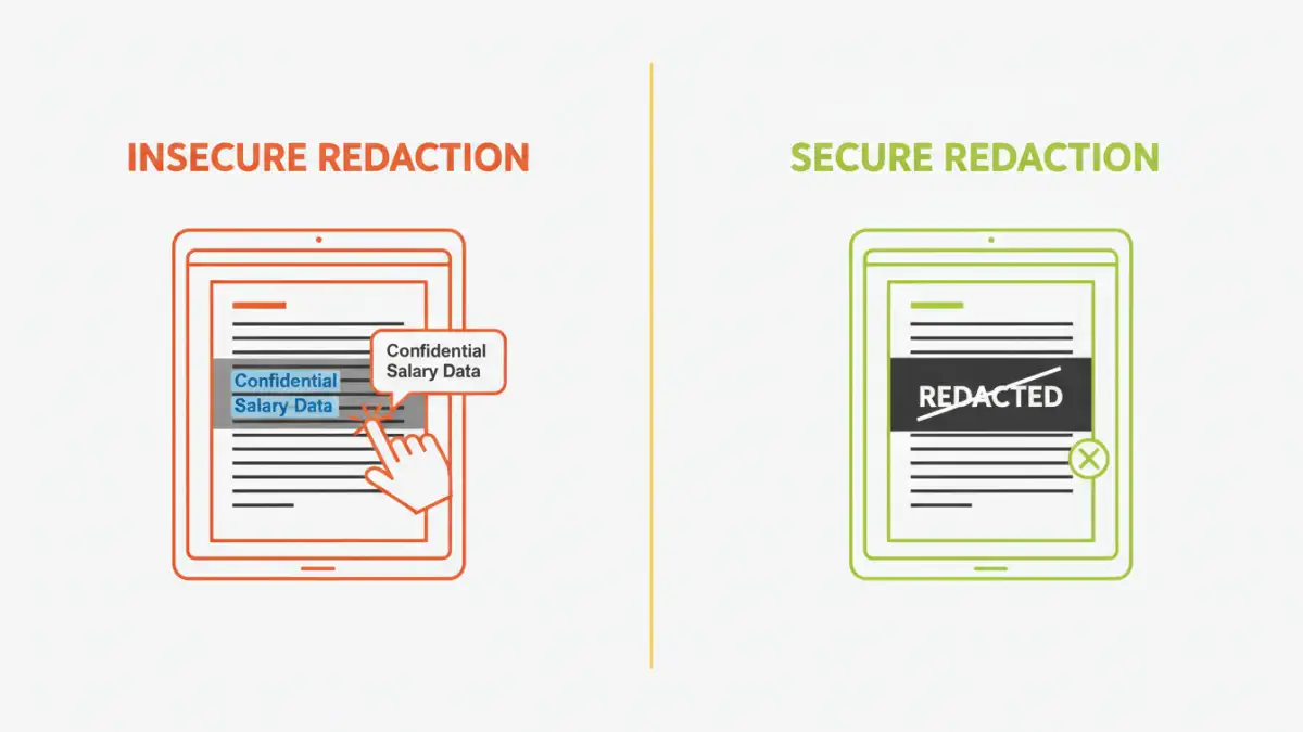 best pdf redaction tool - Infographic comparing insecure black box redaction with secure data removal