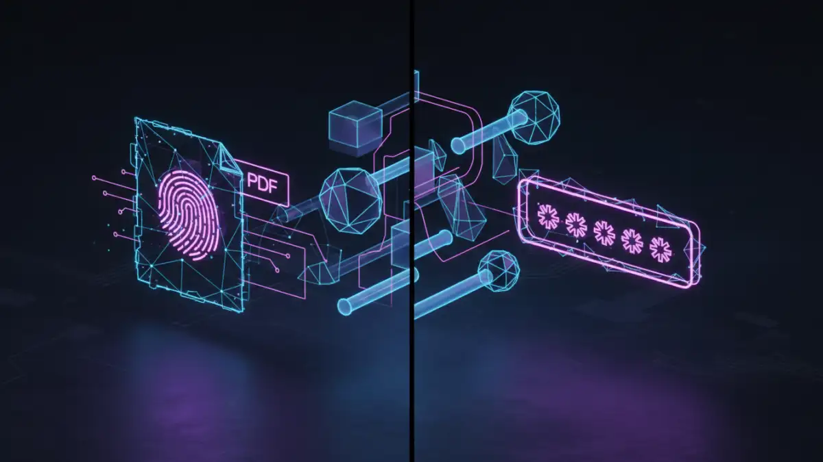 A visual representation of biometric and password PDF protection showing a fingerprint and password field.