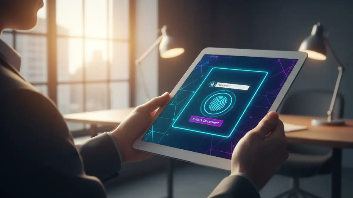 biometric and password pdf protection - A user authenticating with both a password and fingerprint to open a secure PDF on a tablet.