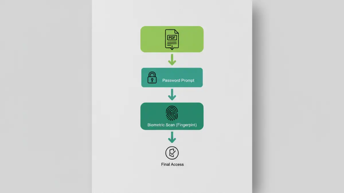 biometric and password pdf protection - Infographic showing the three-step process of multi-factor authentication for documents.