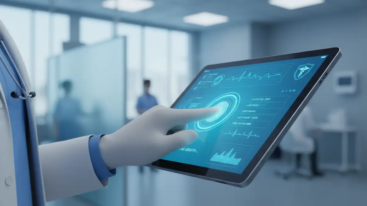 biometric document compliance - A doctor using fingerprint biometrics for HIPAA compliant document security on a tablet.