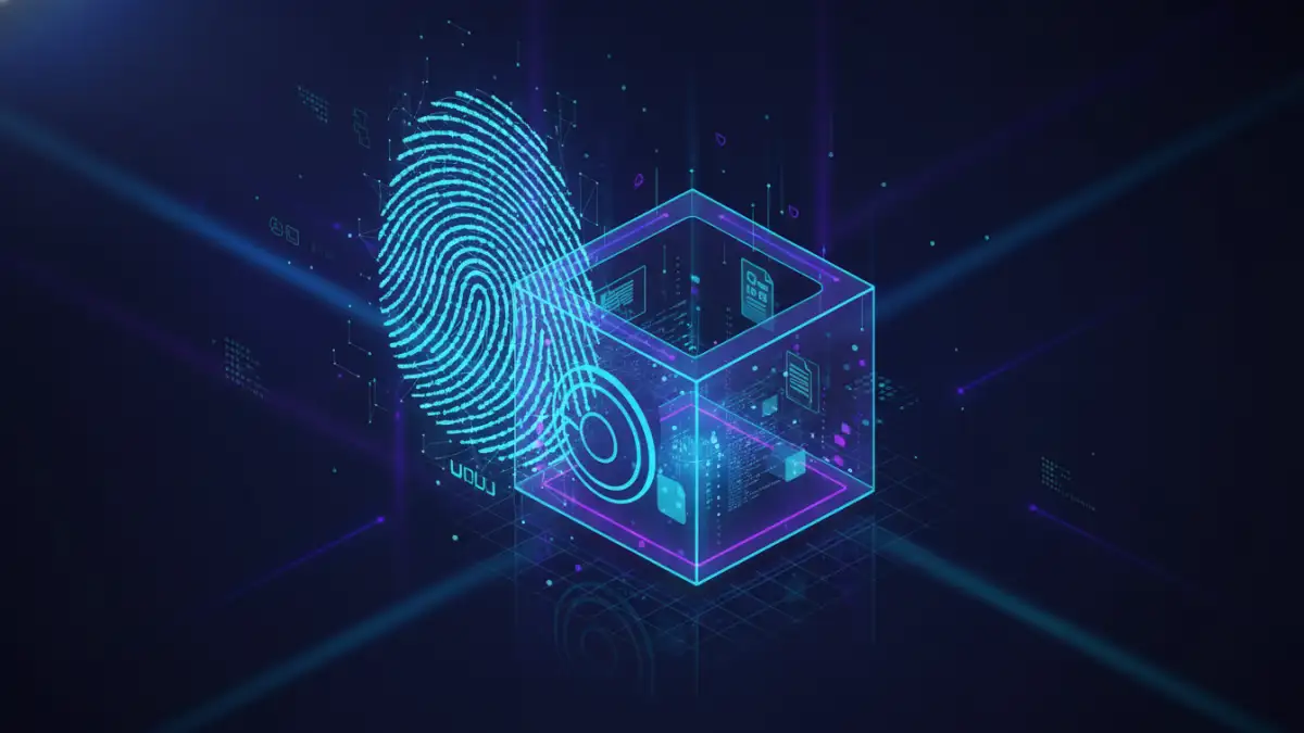 biometric document security tool - A secure digital vault protected by a glowing biometric fingerprint scan.