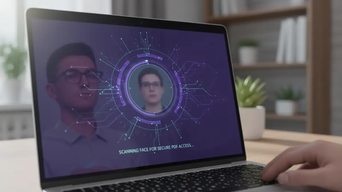 biometric document security tool - User authenticating via facial recognition to access a secure document on a laptop.