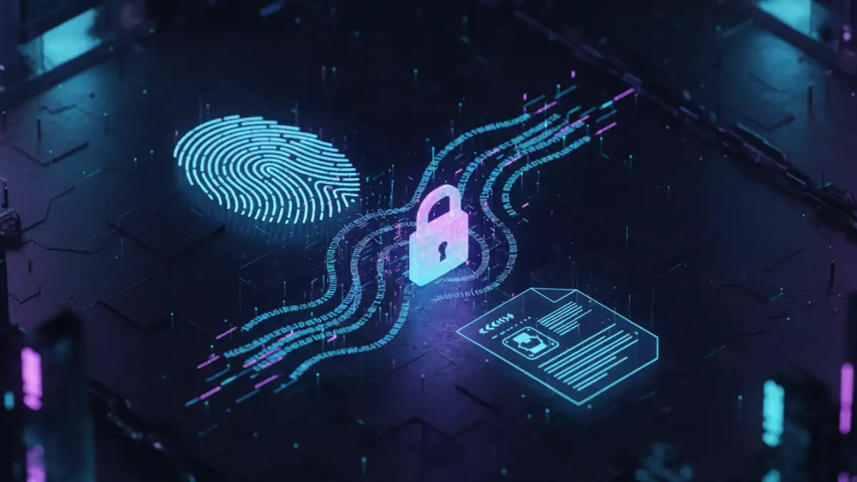 biometric file encryption - A visual representation of biometric data merging with a cryptographic key to encrypt a file.
