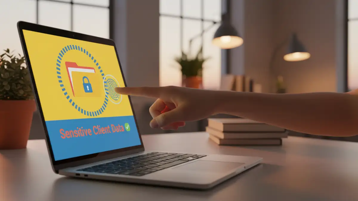 biometric file encryption - A user unlocking a secure folder on their laptop using a built-in fingerprint reader.