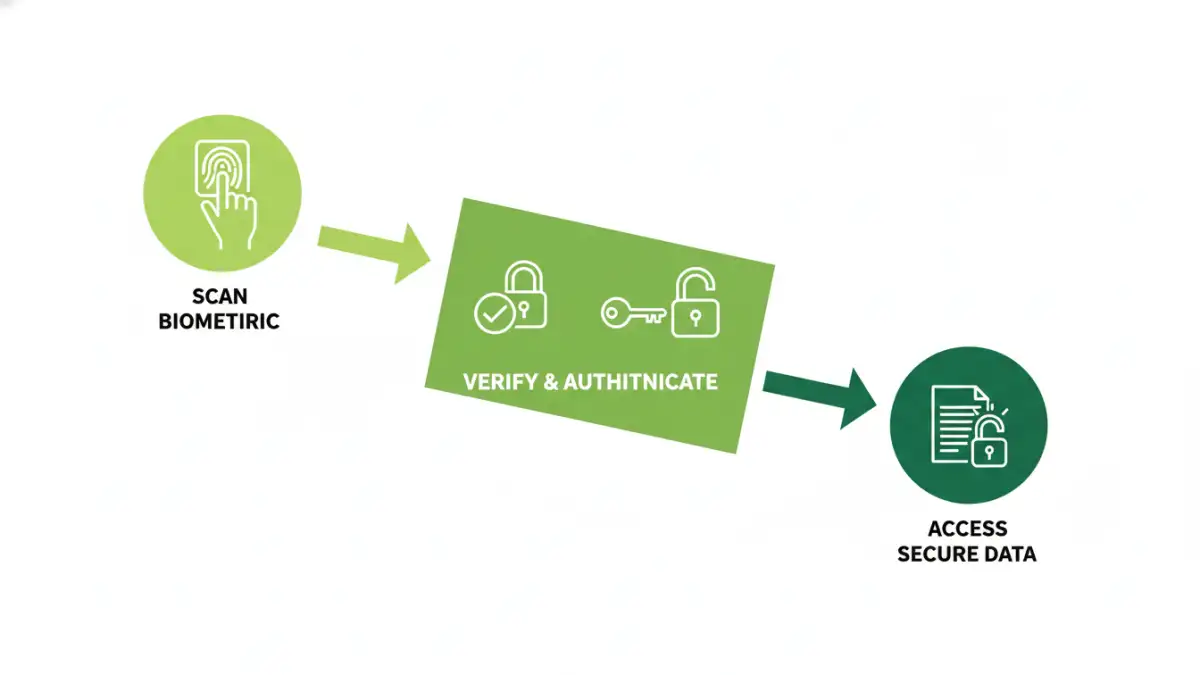 biometric file encryption - Infographic showing the three steps of biometric file decryption: scan, match, and unlock.