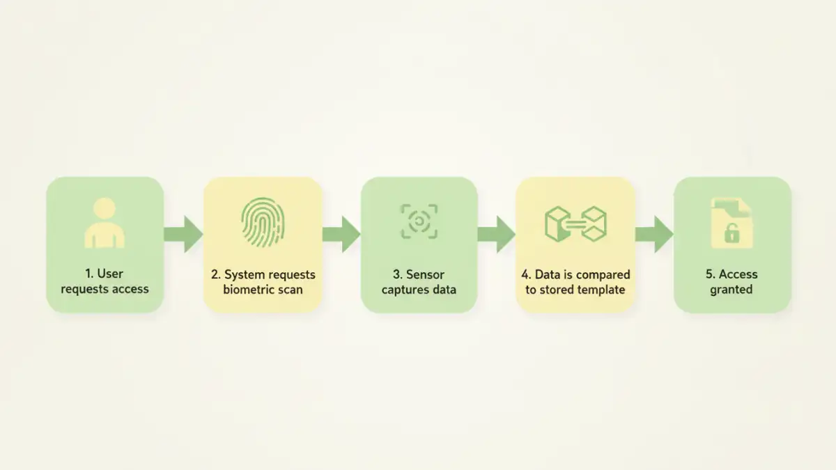 biometric file security - Infographic flowchart explaining the steps of biometric authentication for files.