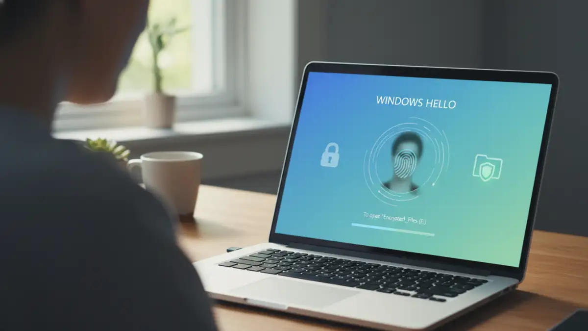 biometric security for files - A user authenticating via facial recognition on a laptop to access a secure folder.