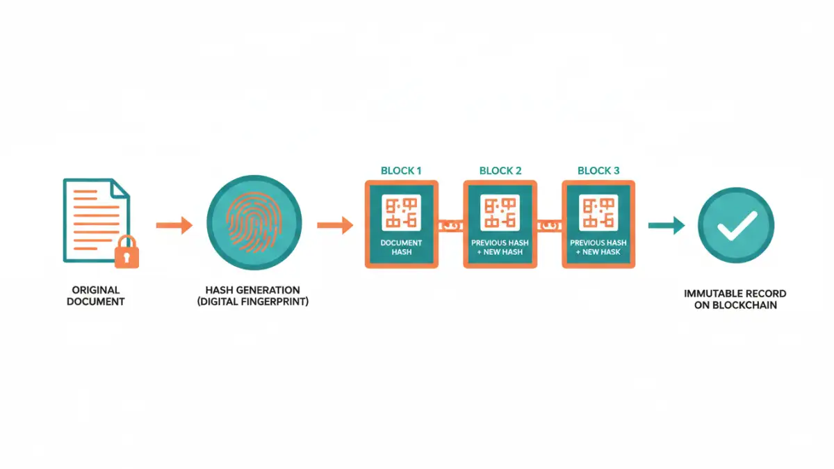 blockchain document management - Infographic showing how blockchain secures documents through hashing and immutable ledgers.