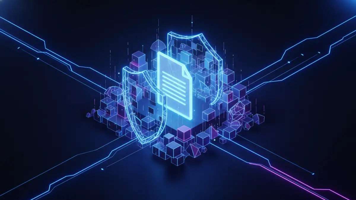 A visual representation of blockchain document security with a protected digital document.