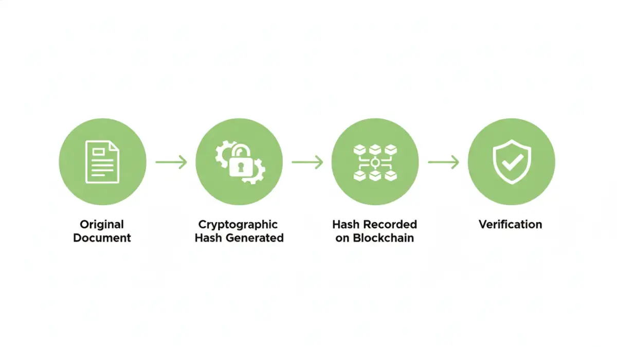 blockchain document security - Infographic flowchart explaining the process of blockchain document verification.