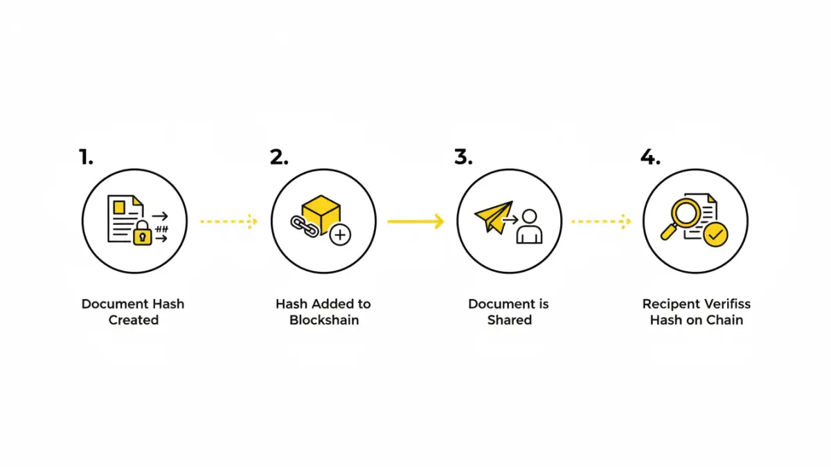 blockchain document security - Infographic explaining the four steps of document verification using blockchain technology.