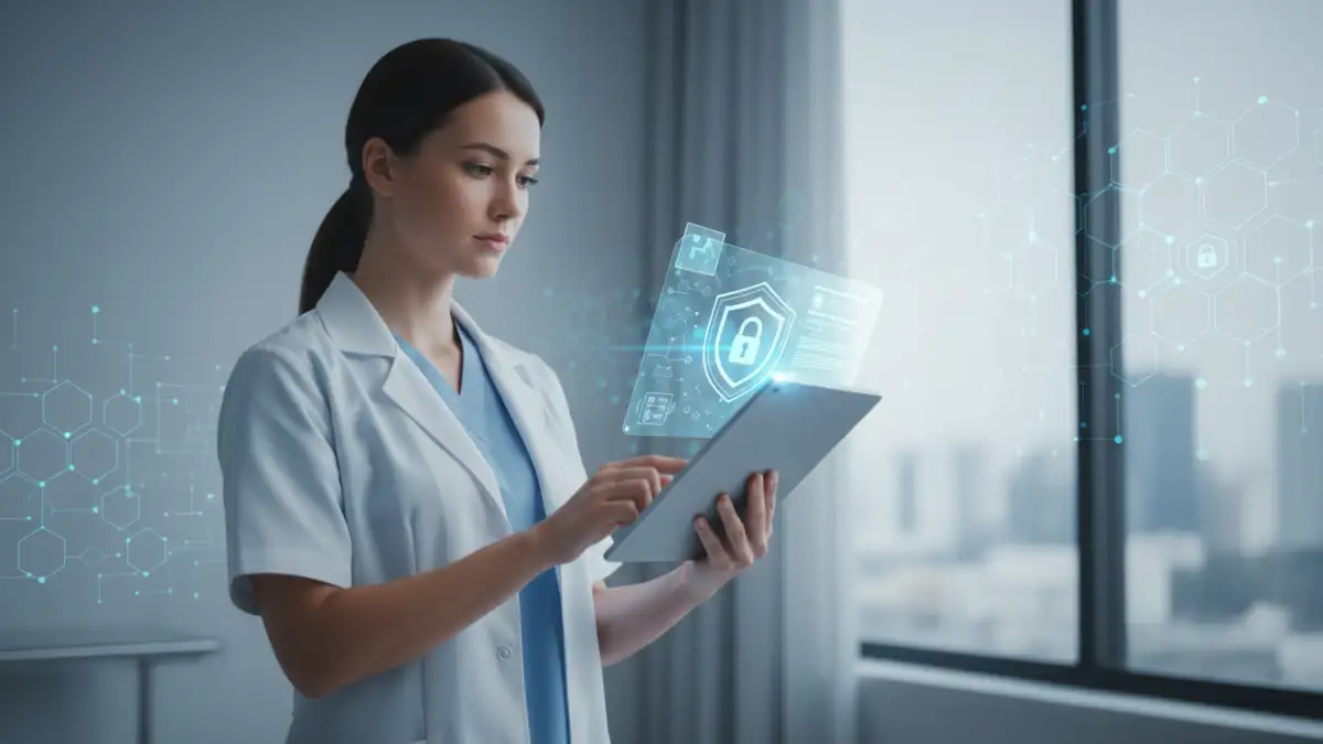 blockchain secure file sharing - Doctor accessing secure patient records via blockchain technology.