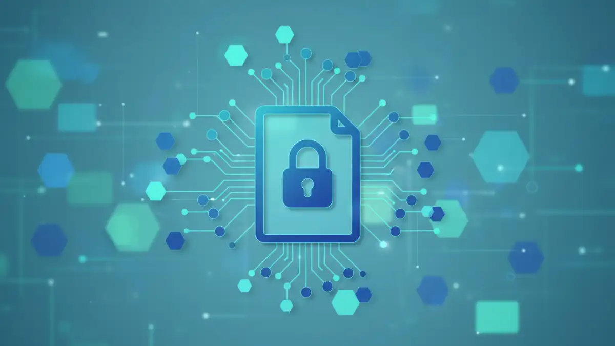 Secure document icon with blockchain network overlay, representing blockchain secure sharing