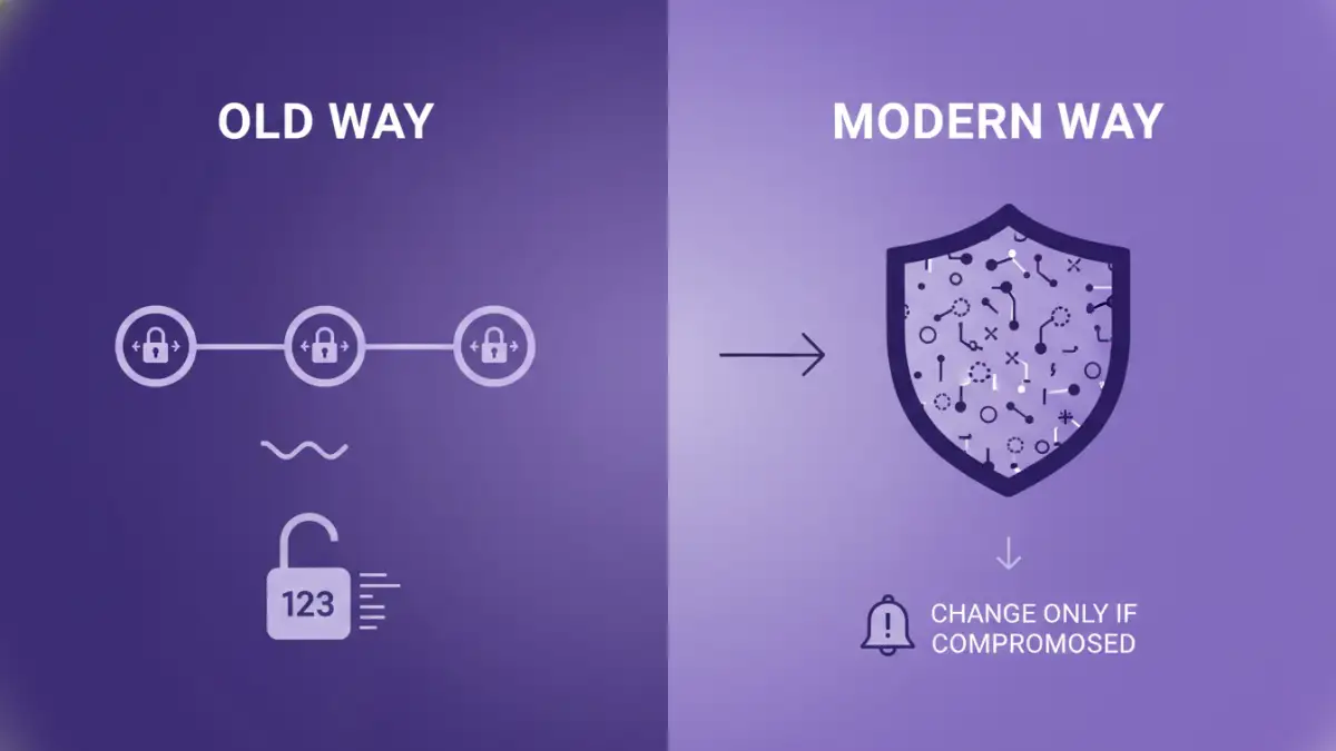 change document security passwords - Infographic comparing the old password rotation policy with the modern risk-based approach to document security.