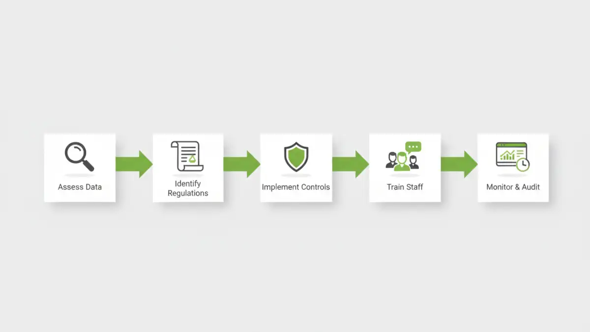 A flowchart showing the five key steps for ensuring client document security compliance.