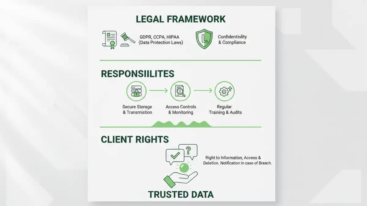 client document security Infographic detailing legal frameworks and responsibilities for client document security