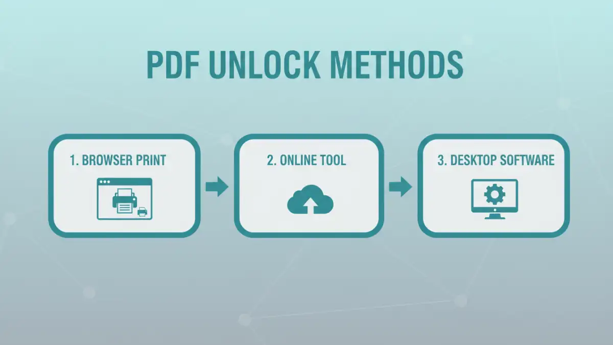 cloud pdf security - Infographic comparing browser, online, and desktop methods for PDF access removal.