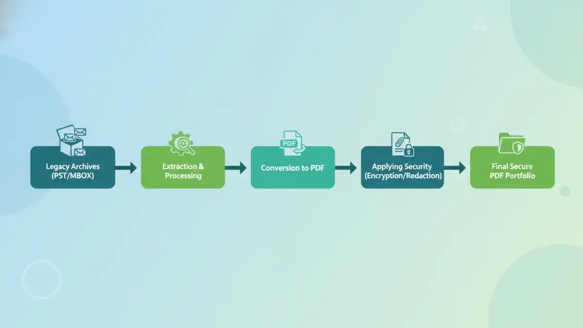 convert archives to secure pdf - Infographic flowchart showing the steps to convert email archives to secure PDF.