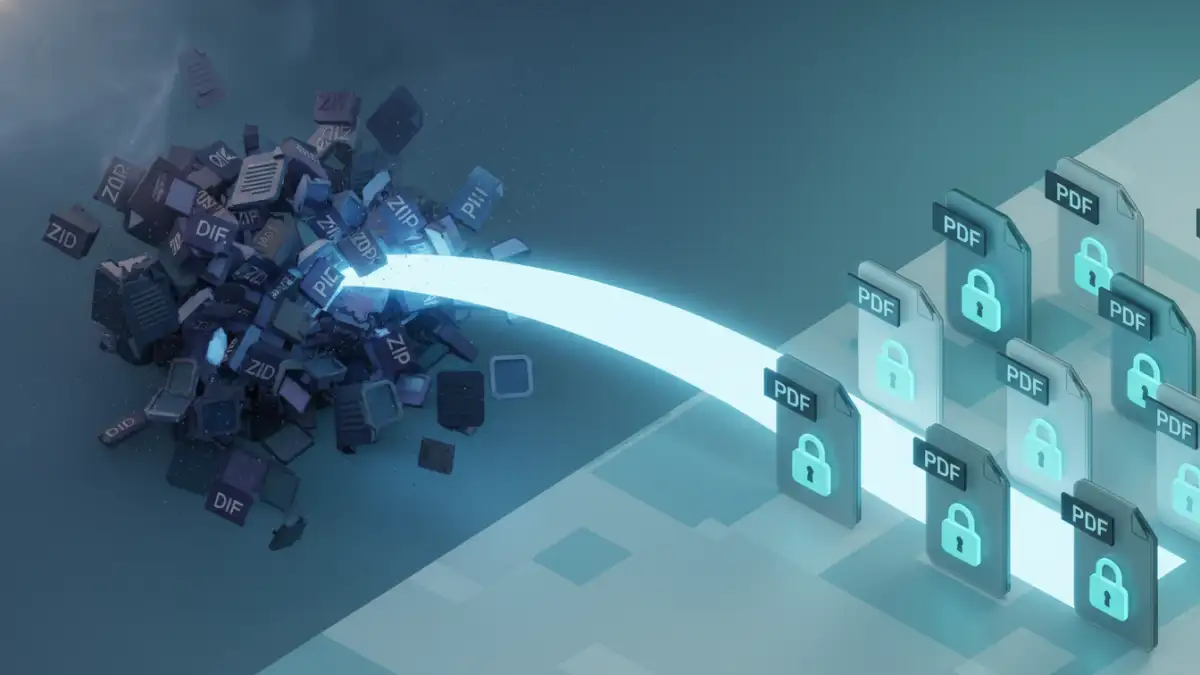 convert zip file to secure pdf - A visual showing the transformation of old ZIP archives into modern, secure PDF files.