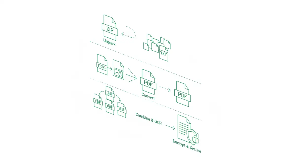 Infographic flowchart explaining the process to convert zip file to secure pdf.