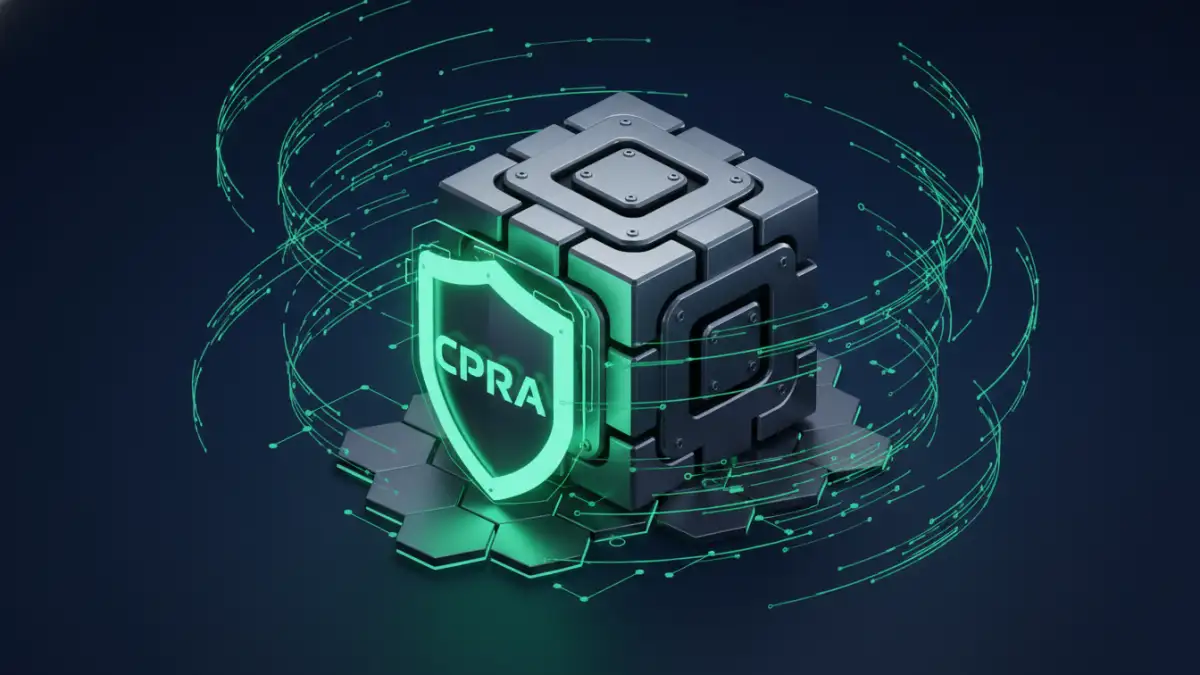 CPRA secure file management - A secure digital vault protected by a CPRA compliance shield, representing secure customer file management.