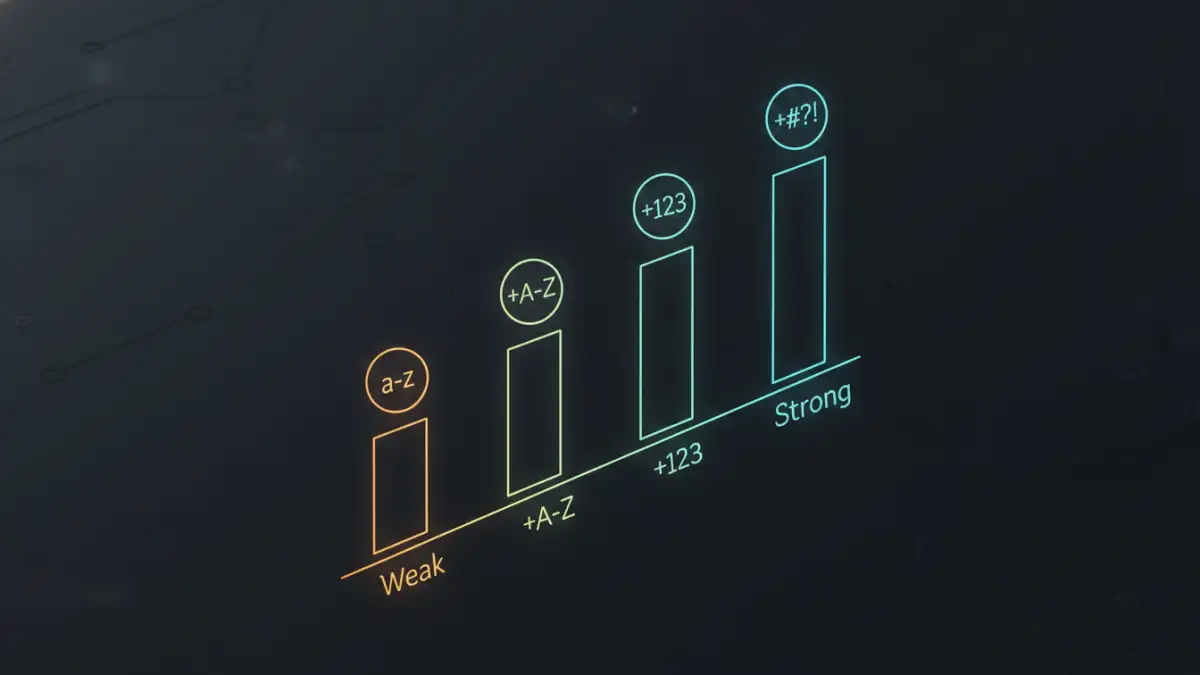 crack document password - A chart showing how password complexity increases security from weak to strong.