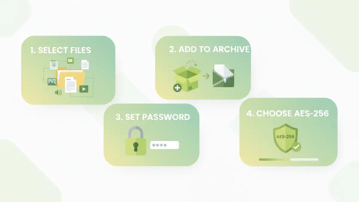 Infographic demonstrating secure cross format file password encryption using archiving tools