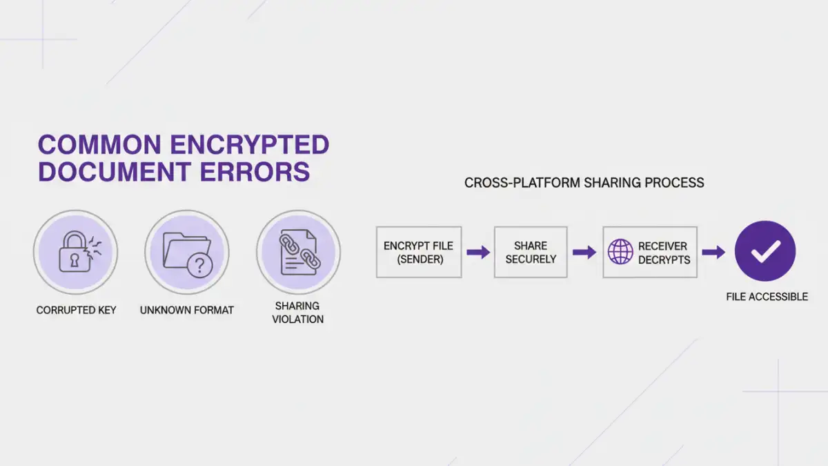 cross platform encryption - Infographic detailing common encrypted document errors and solutions