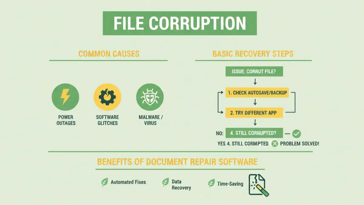 damaged document repair - Infographic on causes and solutions for document file corruption