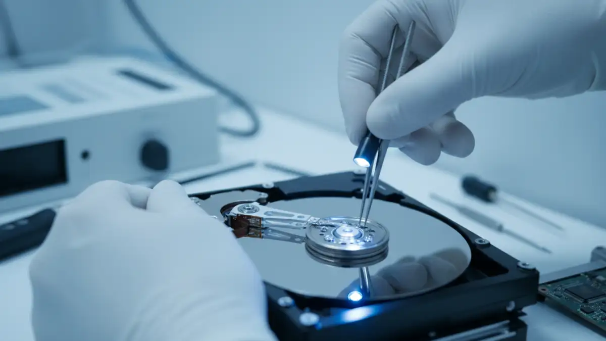 damaged drive document recovery damaged drive document recovery - Technician performing delicate repair on a hard drive for data recovery purposes.