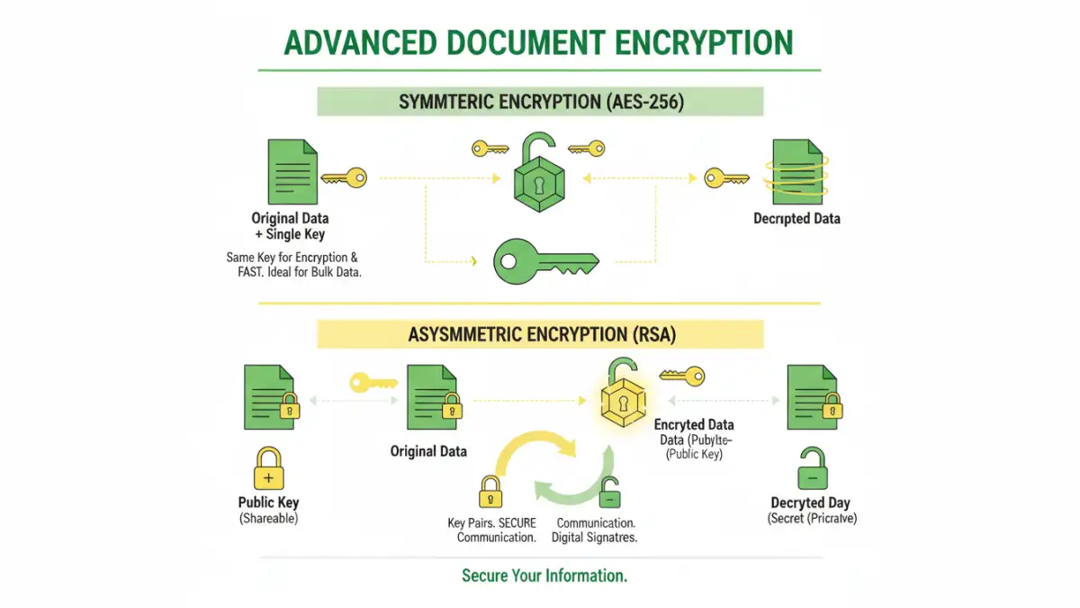 digital document portfolio security digital document portfolio security - Infographic detailing symmetric vs. asymmetric encryption for digital document security